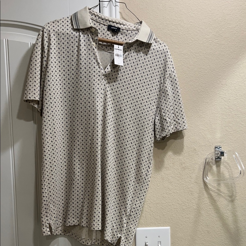 Express Beige and Black Patterned Polo Shirt